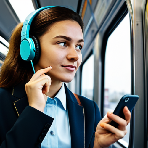 A business professional, fully clothed in modest business attire, wearing headphones and attentively listening to an educational podcast while commuting on a clean, modern public transport. The background shows a blurred cityscape through the window, suggesting movement and productivity. The image is safe for work, appropriate content, natural pose, perfect anatomy, correct proportions, well-formed hands, proper finger count, natural body proportions, high-quality professional photography, family-friendly.