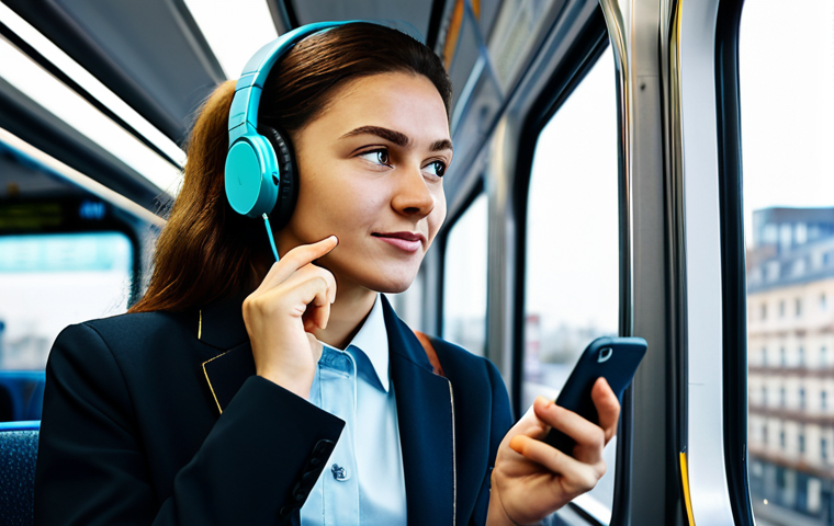 A business professional, fully clothed in modest business attire, wearing headphones and attentively listening to an educational podcast while commuting on a clean, modern public transport. The background shows a blurred cityscape through the window, suggesting movement and productivity. The image is safe for work, appropriate content, natural pose, perfect anatomy, correct proportions, well-formed hands, proper finger count, natural body proportions, high-quality professional photography, family-friendly.
