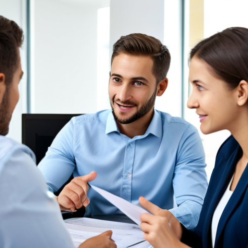 **

"A professional insurance broker, fully clothed in modest business attire, advising a young couple in a bright, modern office setting. The broker is gesturing towards a document, explaining insurance options. Safe for work, appropriate content, perfect anatomy, natural pose, well-formed hands, proper finger count, high-quality professional photography, family-friendly."

**