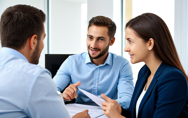 **

"A professional insurance broker, fully clothed in modest business attire, advising a young couple in a bright, modern office setting. The broker is gesturing towards a document, explaining insurance options. Safe for work, appropriate content, perfect anatomy, natural pose, well-formed hands, proper finger count, high-quality professional photography, family-friendly."

**