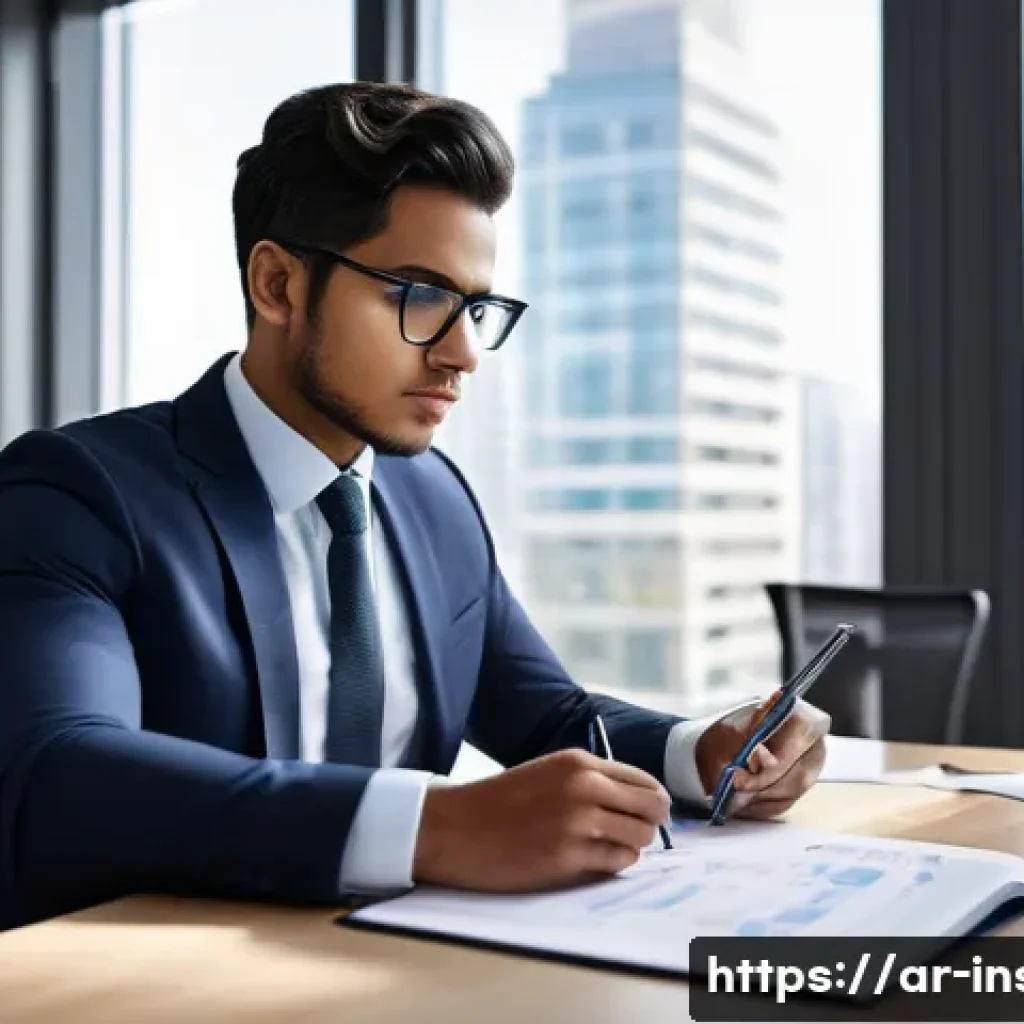 보험중개사 자격시험 출제 유형 분석 - A focused young professional, dressed in smart, modest business attire, sits at a clean, modern desk...