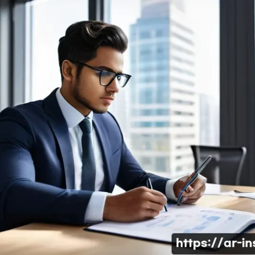 보험중개사 자격시험 출제 유형 분석 - A focused young professional, dressed in smart, modest business attire, sits at a clean, modern desk...