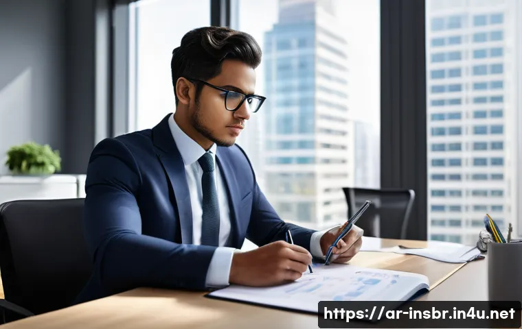 보험중개사 자격시험 출제 유형 분석 - A focused young professional, dressed in smart, modest business attire, sits at a clean, modern desk...