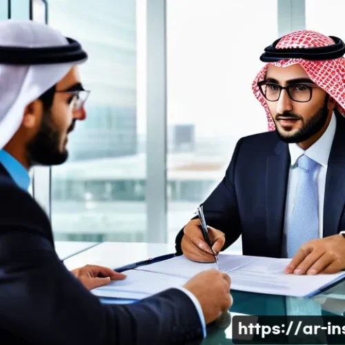 보험중개사와 관련된 법적 분쟁 사례 - A professional Arab insurance broker in a modern office setting, wearing business attire and glasses...