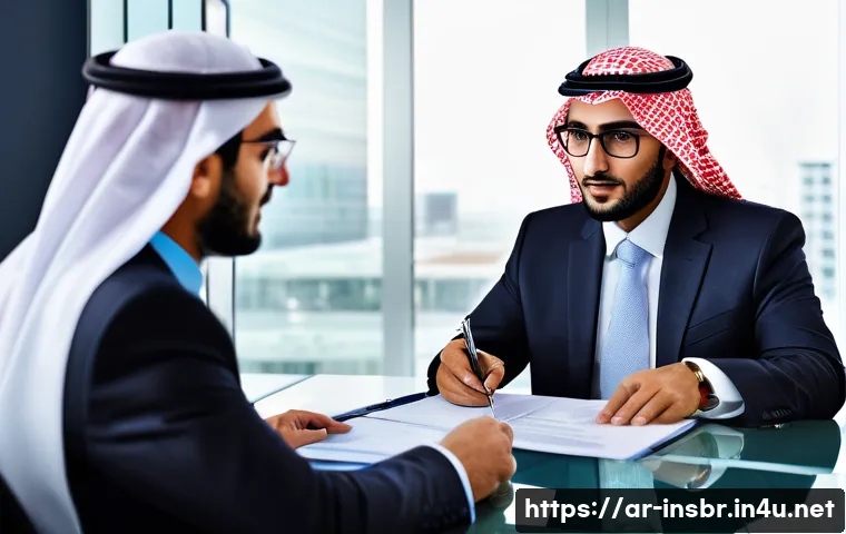 보험중개사와 관련된 법적 분쟁 사례 - A professional Arab insurance broker in a modern office setting, wearing business attire and glasses...