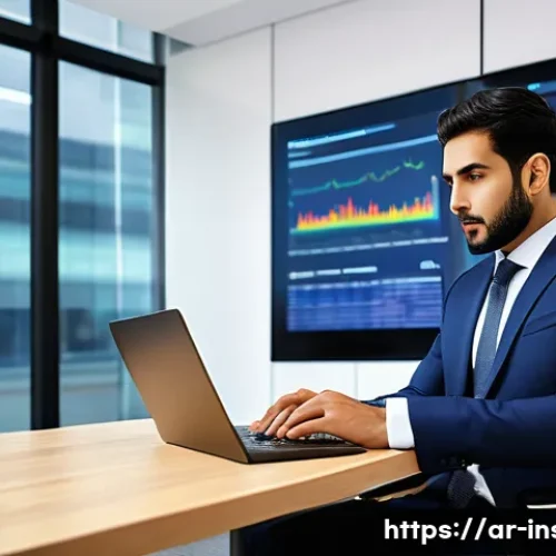 보험중개사로서의 지속적인 자기계발 - A professional Arab insurance agent in a modern office environment, using a high-tech laptop display...