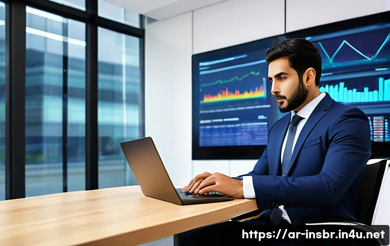 보험중개사로서의 지속적인 자기계발 - A professional Arab insurance agent in a modern office environment, using a high-tech laptop display...