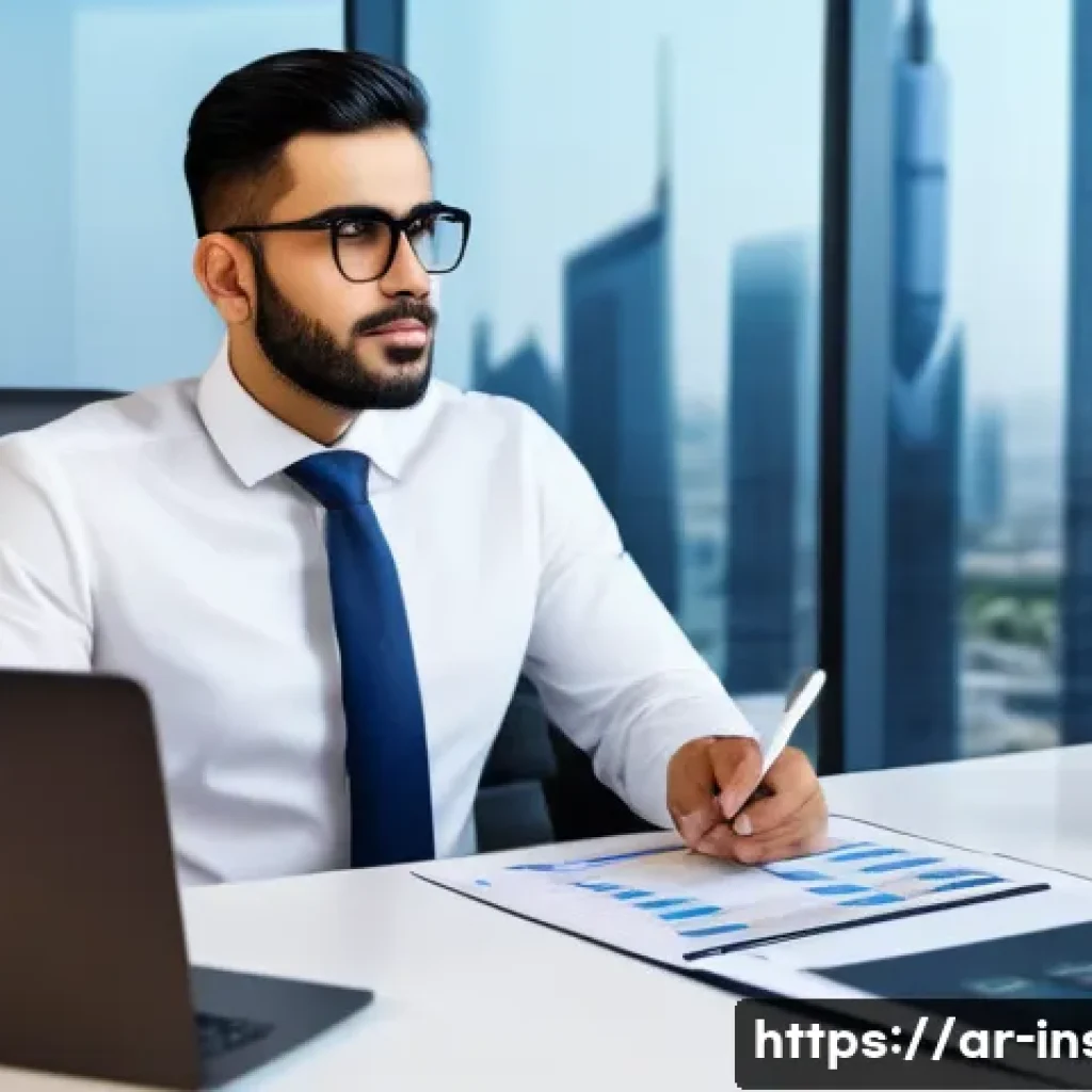 보험중개사 자격증 갱신 주기와 절차 - A professional Arab male insurance broker sitting at a modern office desk, focused on a laptop scree...