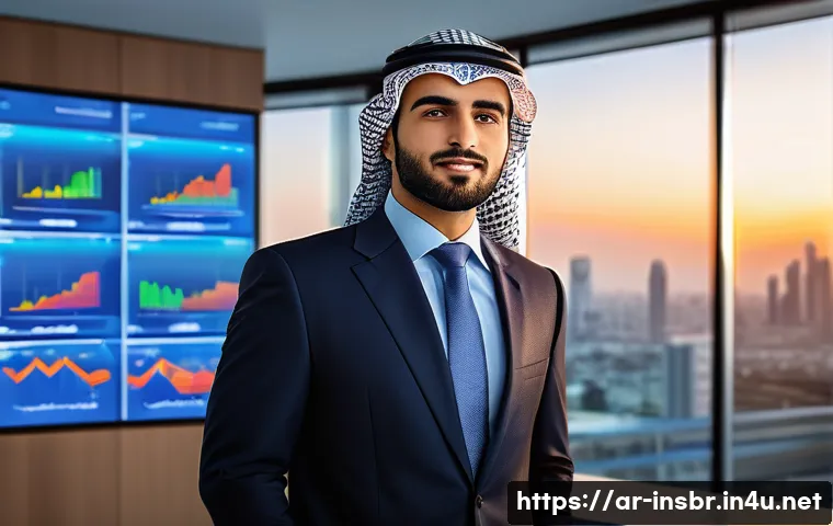 보험중개사 이직 성공 사례 - A professional Arab man in traditional attire, wearing a modern business suit with a keffiyeh, stand...