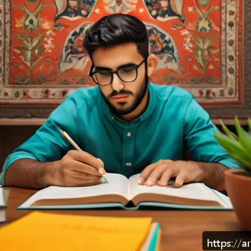 보험중개사 시험 관련 필수 계산 공식 - A focused Arab male student sitting at a wooden desk in a warmly lit room during early morning hours...