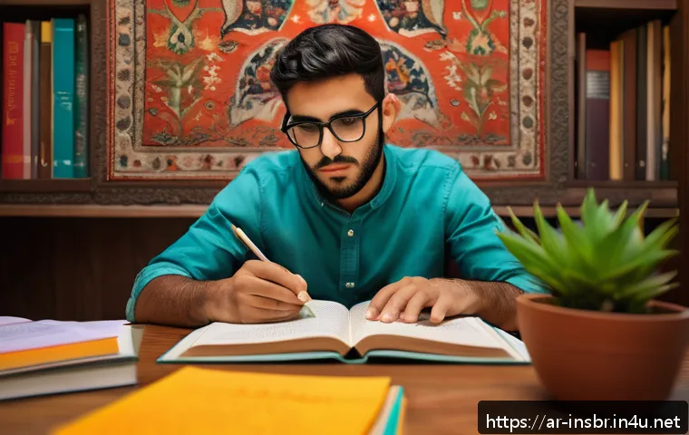 보험중개사 시험 관련 필수 계산 공식 - A focused Arab male student sitting at a wooden desk in a warmly lit room during early morning hours...