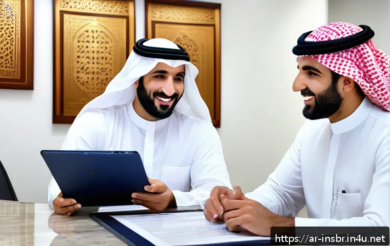 보험중개사와 관련된 윤리적 문제 분석 - A professional Arabic insurance broker in a modern office setting, engaging transparently with a div...