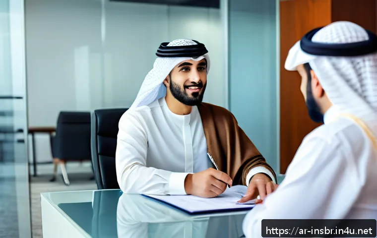 보험중개사 실무에서 주의해야 할 실수 - A professional Middle Eastern insurance broker in a modern office setting, attentively listening to ...