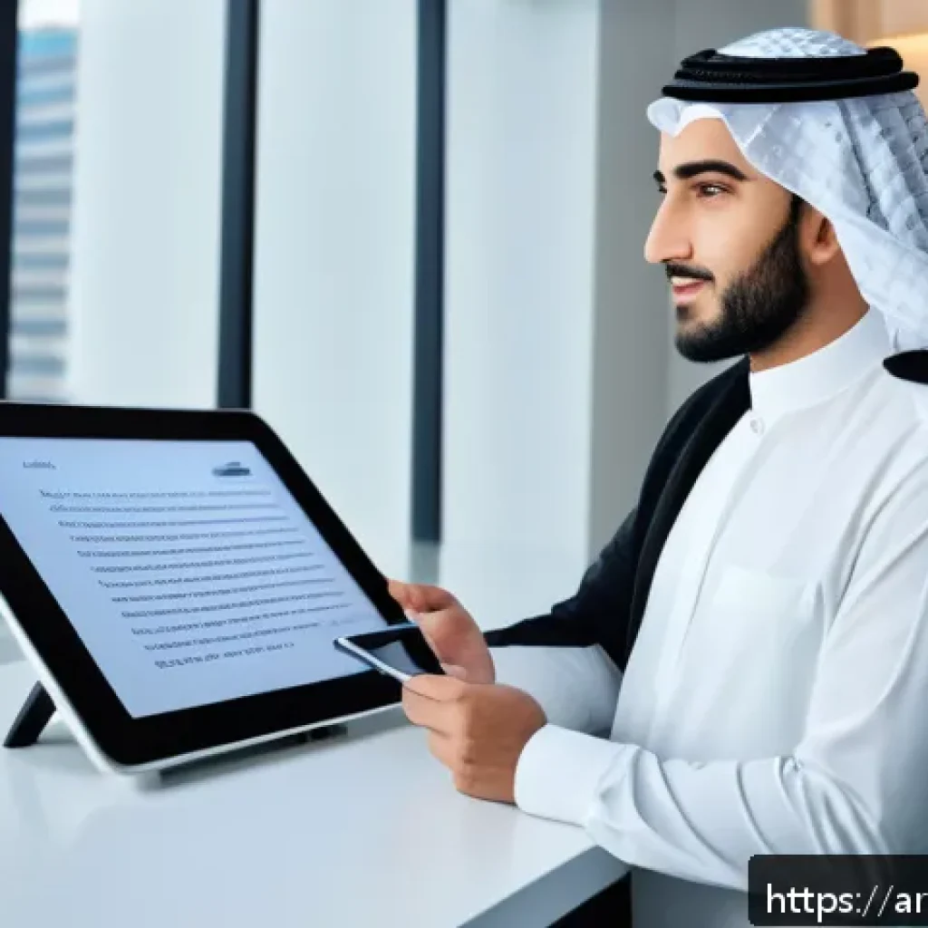 보험중개사와 관련된 최신 보험 기술 활용 사례 - A professional Middle Eastern insurance agent interacting with a smart AI-powered chatbot on a sleek...
