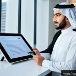 Home 19 보험중개사와 관련된 최신 보험 기술 활용 사례 - A professional Middle Eastern insurance agent interacting with a smart AI-powered chatbot on a sleek...