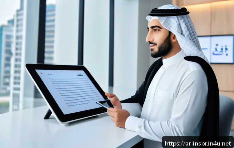 보험중개사와 관련된 최신 보험 기술 활용 사례 - A professional Middle Eastern insurance agent interacting with a smart AI-powered chatbot on a sleek...