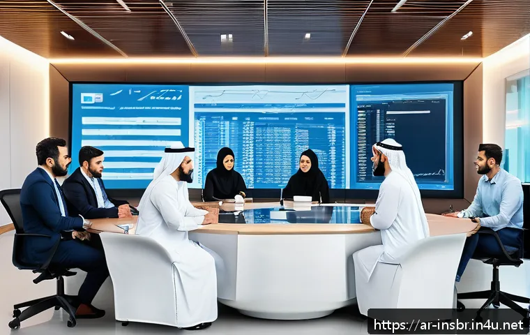 보험중개사와 관련된 팀워크 성공 사례 - A modern Middle Eastern insurance office scene showing a diverse team of Arab professionals in tradi...