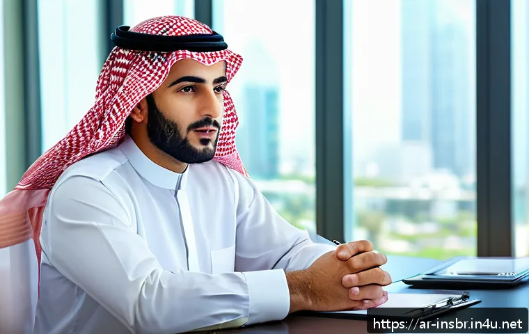 보험중개사와 관련된 실무 강의 및 세미나 - A professional Middle Eastern insurance broker sitting at a modern desk in a bright office, attentiv...