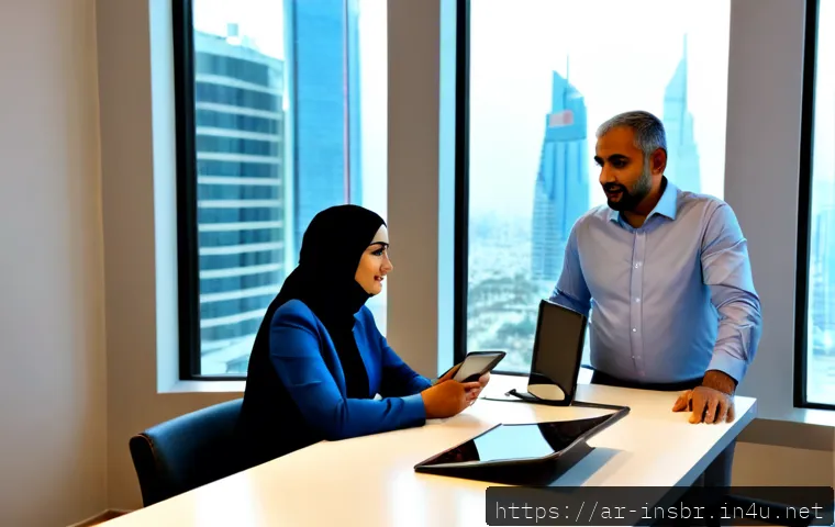 보험중개사와 관련된 최신 보험 기술 분석 - Photorealistic modern insurance brokerage office in an Arabic Gulf city, a professionally dressed Ar...